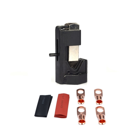 Black heavy-duty hammer-style wire lug crimper with metal die insert and side handle