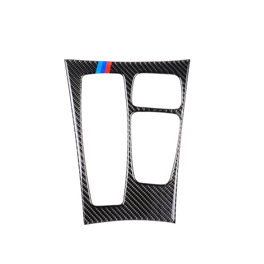 Tricolor carbon fiber gear panel sticker with three cutout windows and blue-red stripe