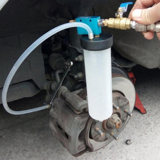Brake fluid pump tool with clear cylinder, blue valve, and metal fittings