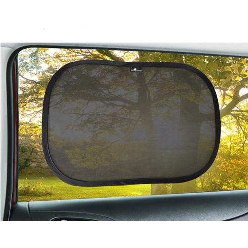 Car window sunshade cover, dark mesh panel with black trim and elastic edge