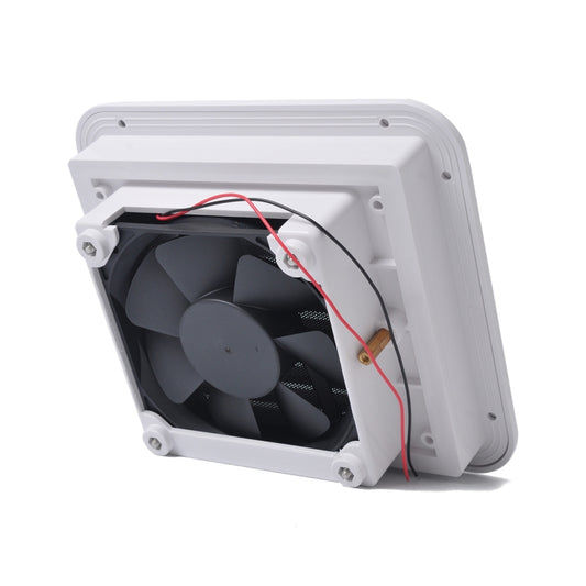 White 12V air vent with fan, side housing open showing internal fan unit and wires