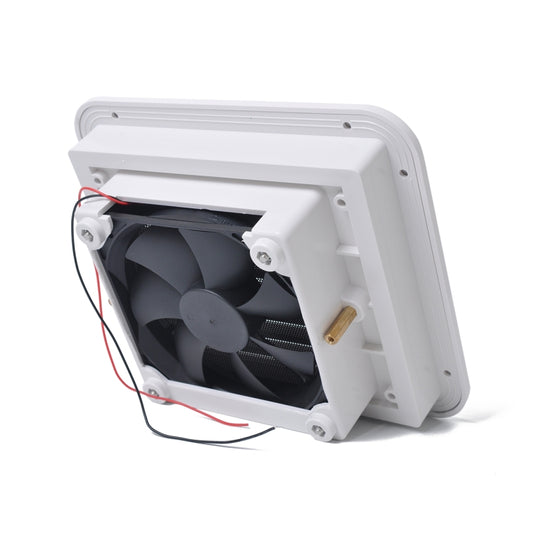 White RV side air vent fan with internal fan housing and open frame