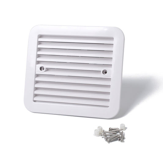 White side air vent fan with louvered grille and mounting screw holes