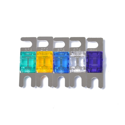 5-pack ANL mini car audio fuses on metal bar with colored translucent covers