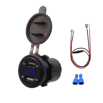 Dual-USB car voltage display charger with blue LED voltmeter, charging ports and 60cm cable