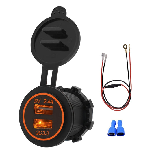 Universal Car QC3.0 Dual Port USB Charger Power Outlet Adapter 5V 2.4A IP66 with 60cm Cable, 2.4A + 60cm Cable(Blue Light), 2.4A + 60cm Cable (Green Light), 2.4A + 60cm Cable (Orange Light), 2.4A + 60cm Cable (Red Light), 2.4A + 60cm Cable (White Light)