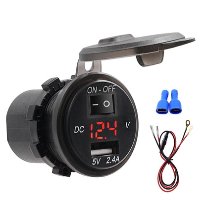 Car USB charger adapter with red LED voltmeter, on-off switch, and 60cm cable leads