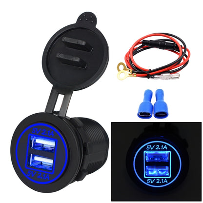 Dual USB car charger with blue light indicator and 60cm cable, black housing