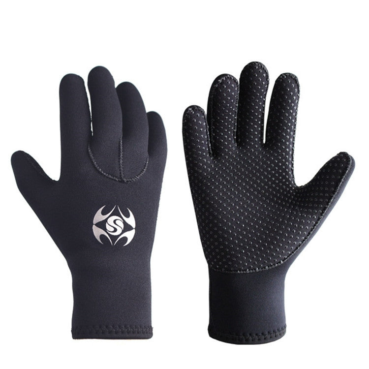 Black neoprene diving gloves with flame logo and textured palm grip