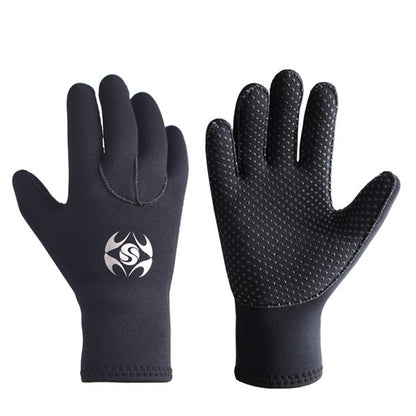 Black neoprene diving gloves with flame logo and textured palm grip