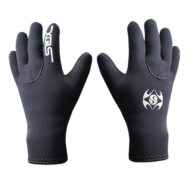Black neoprene diving gloves, pair view, textured anti-slip palm