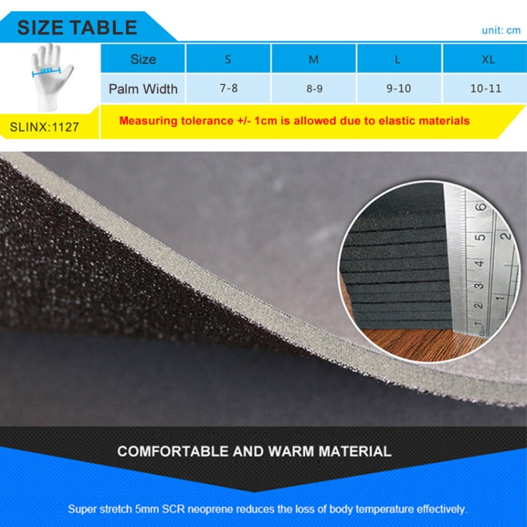 Diving gloves size table for S–XL with measuring tolerance