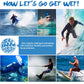 SLINX diving socks promotional collage with surfers, water scenes, and logo