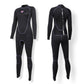 SLINX women's black 3mm wetsuit, back view with Y-shaped zipper and purple trim