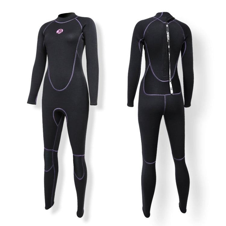SLINX women's black 3mm wetsuit, back view with Y-shaped zipper and purple trim