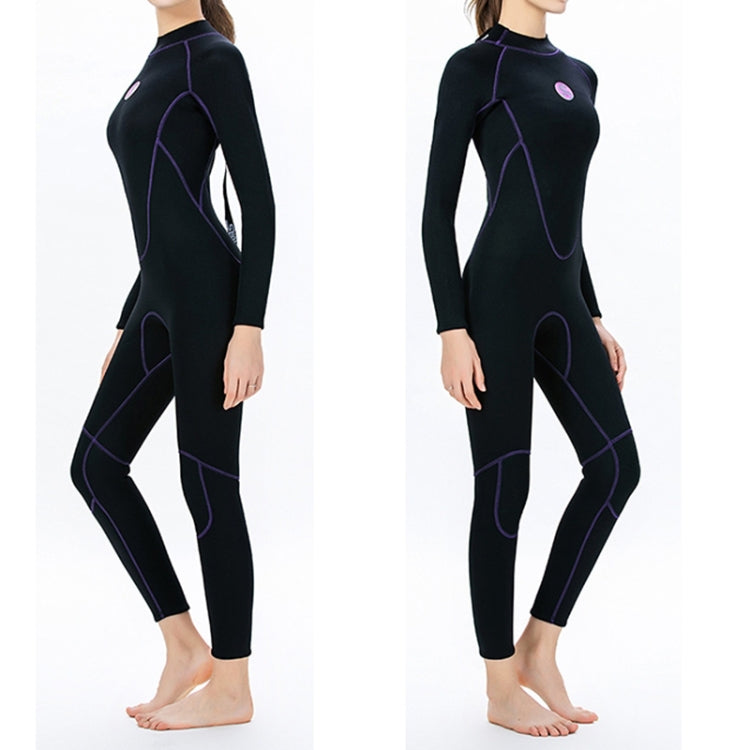 SLINX women's black 3mm wetsuit with purple piping and contoured knee panel