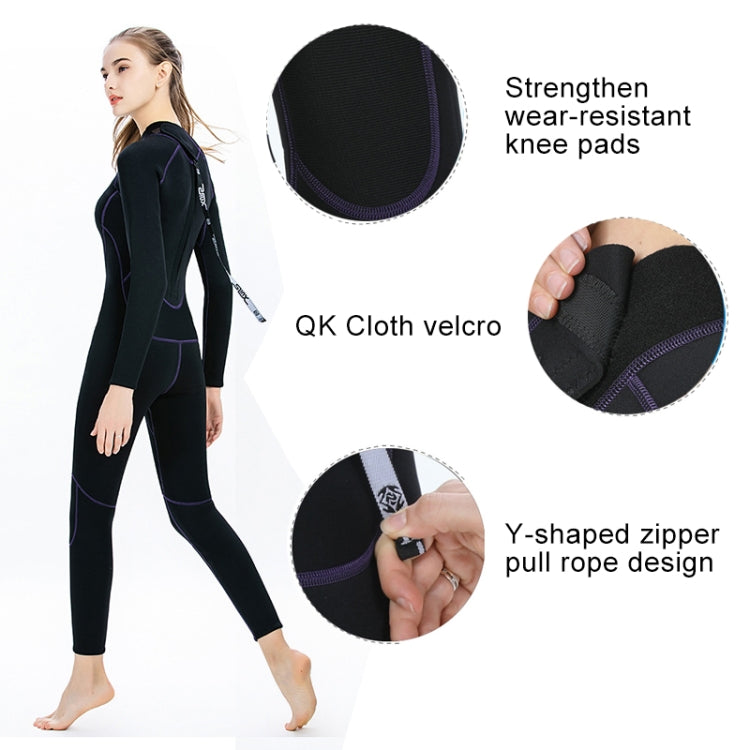 SLINX women's 3mm wetsuit detail: reinforced knee pads, velcro cuff, Y zipper pull