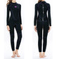 Women's long-sleeve full-body wetsuit in black with purple seam lines and panels