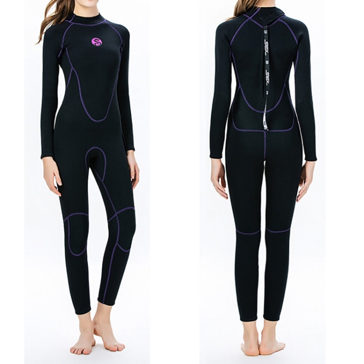 Women's long-sleeve full-body wetsuit, black with purple piping and back zipper