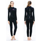 Women's long-sleeve full-body wetsuit, black with purple contour seams and knee panels