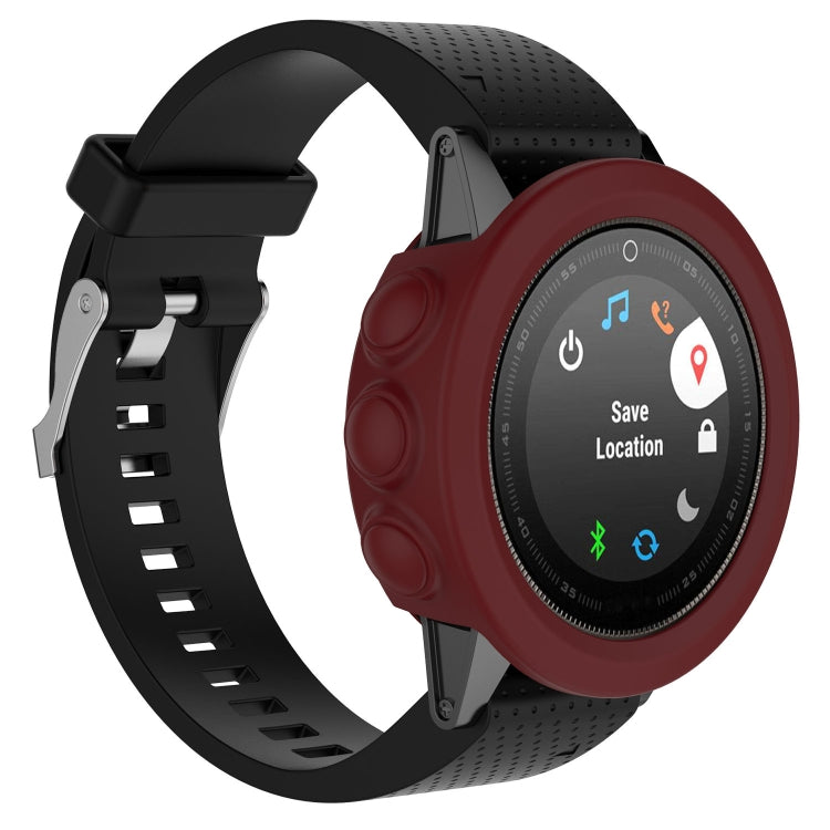 Smartwatch silicone protective case with dark red bezel and perforated black strap