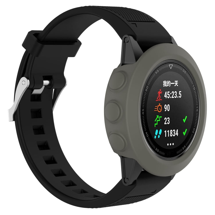 Grey silicone protective smartwatch case with textured strap and round watch face cover
