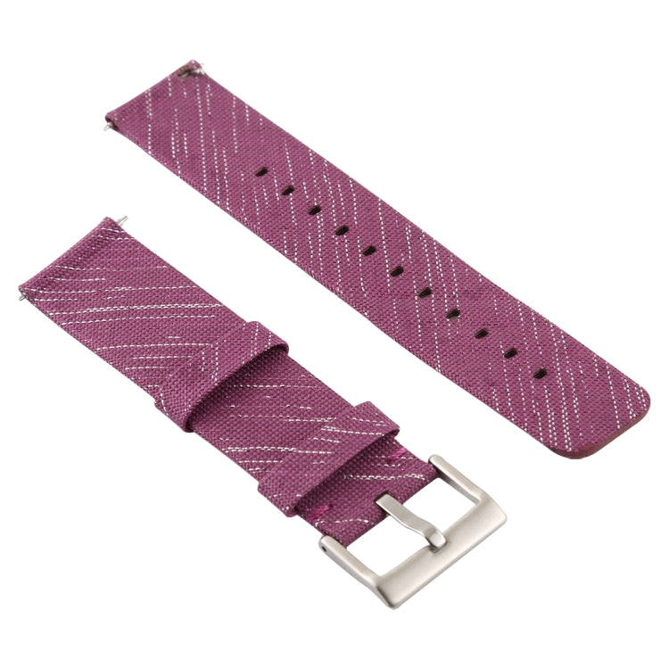Canvas wrist strap with silver buckle, purple with stitched holes and textured weave