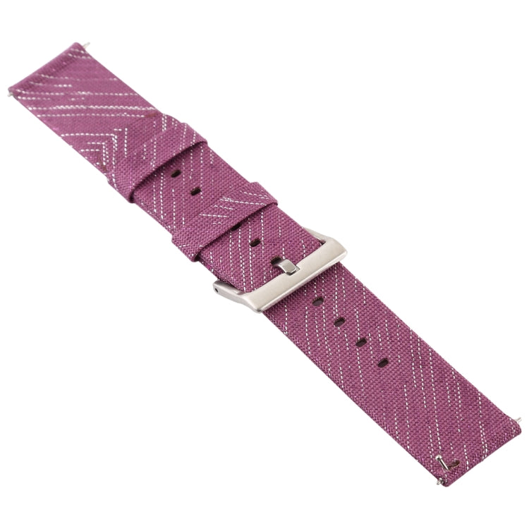 Canvas wrist strap with silver buckle, deep purple with seam lines and holes