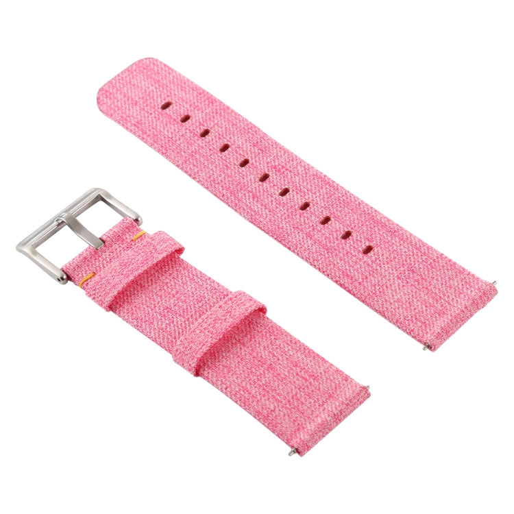 Canvas wrist strap with silver buckle, pink fabric with stitched holes