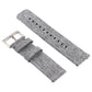 Grey canvas watch wrist strap with metal buckle and stitched pin holes