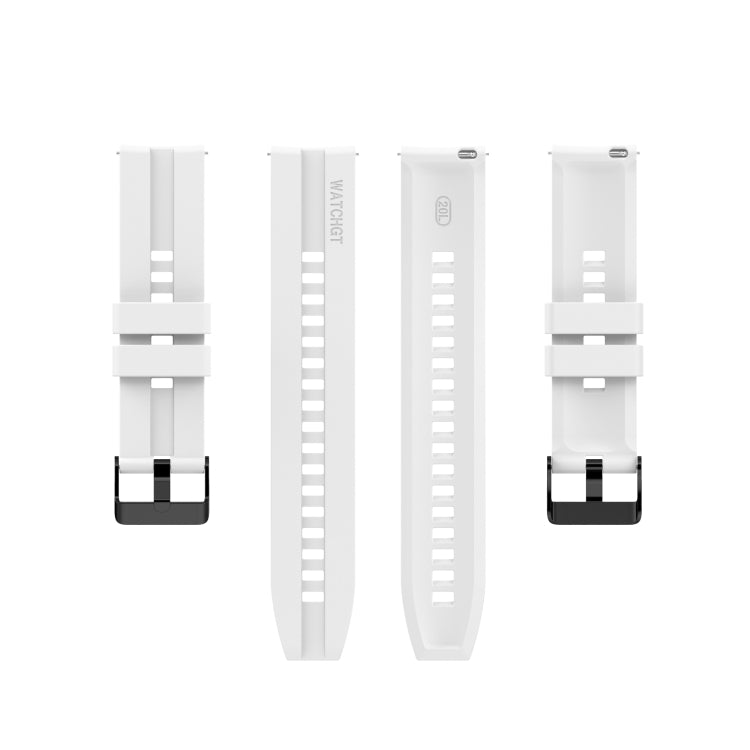 White silicone watch strap set with black buckle, showing strap and buckle positions