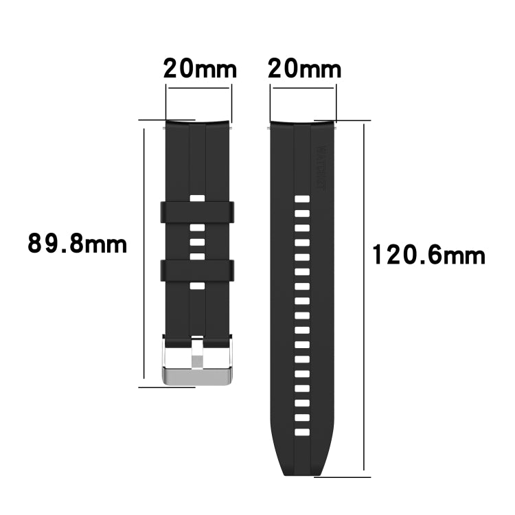 Black silicone watch band with measurement diagram for strap width and length