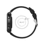 Black silicone watch strap with max/min sizing circle and quick-adjust buckle