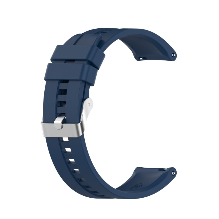Blue silicone watch strap with silver buckle and perforated adjustment holes