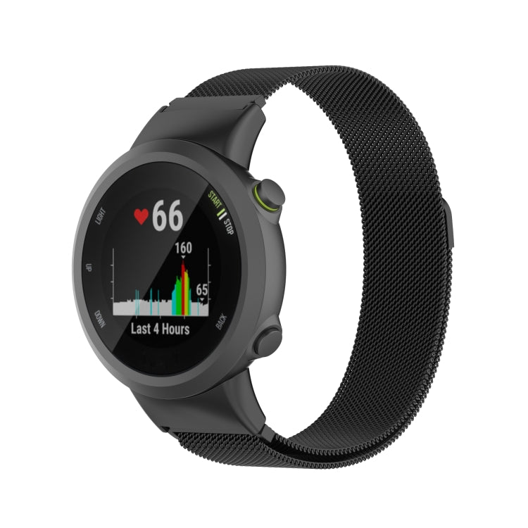 Black Milanese replacement strap worn on Garmin smartwatch with activity screen