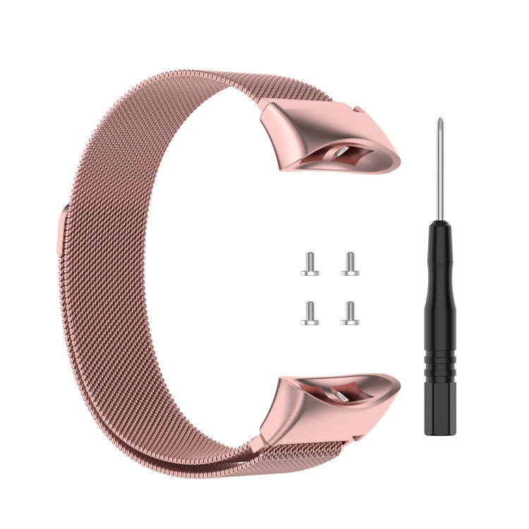 Rose pink Milanese replacement watch strap for Garmin Forerunner, with tool and screws