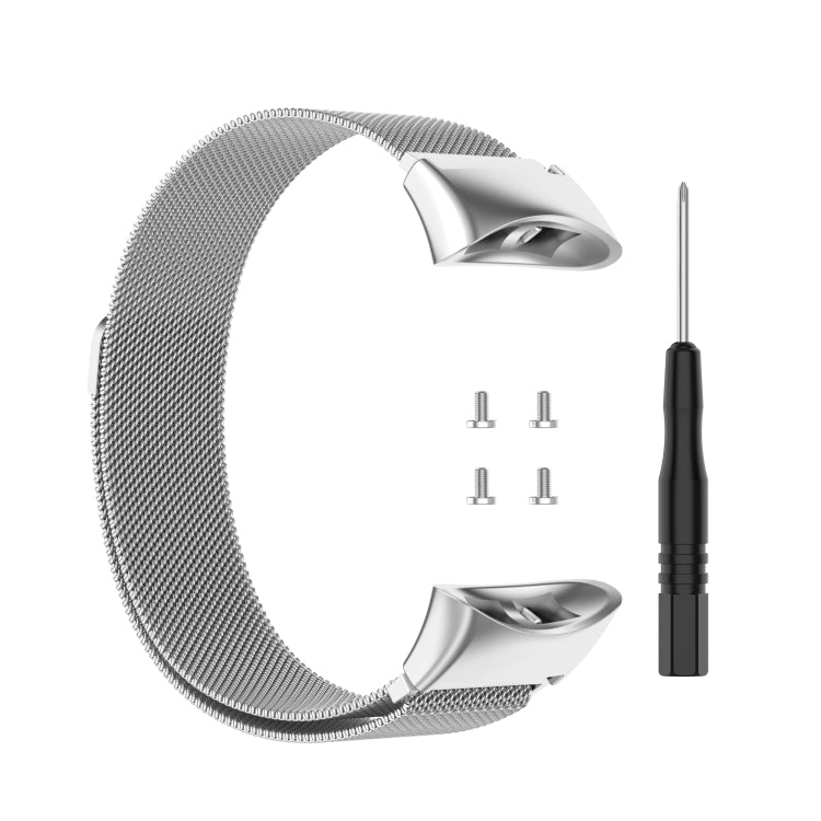 Silver Milanese replacement watch strap for Garmin Forerunner, with tool and screws