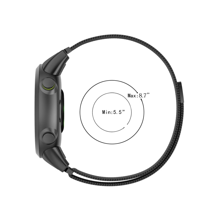 Black Milanese mesh watch strap with clasp, shown around smartwatch case