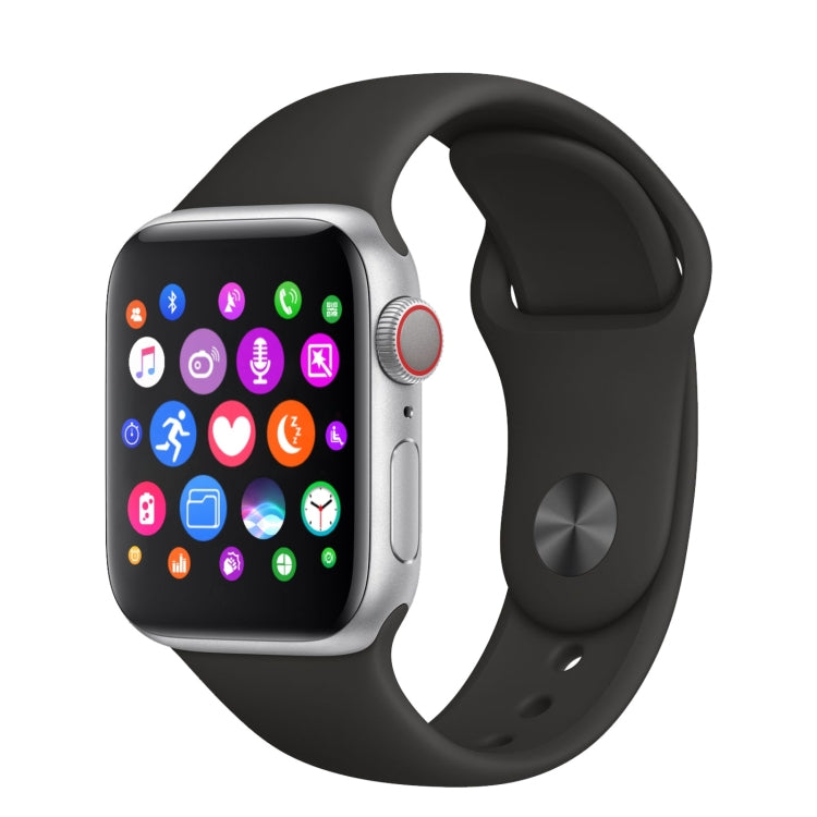 Black silicone strap smart watch with square color screen and app icon grid