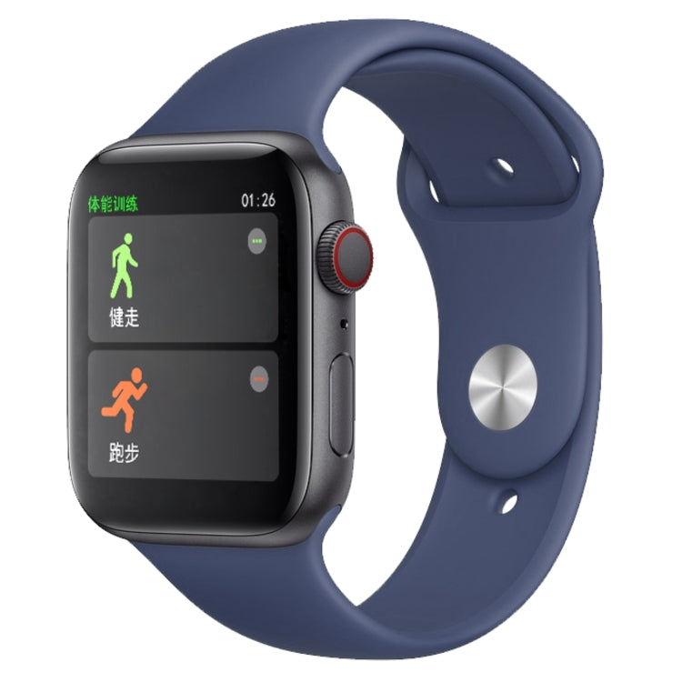 Dark blue silicone strap smartwatch with square display showing walking activity icons