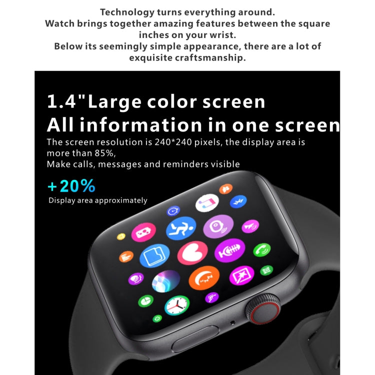 Black smart watch angled view with large square color screen and app icons