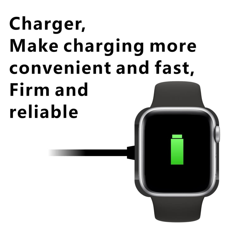 Black silicone strap smartwatch charging with green battery icon on screen