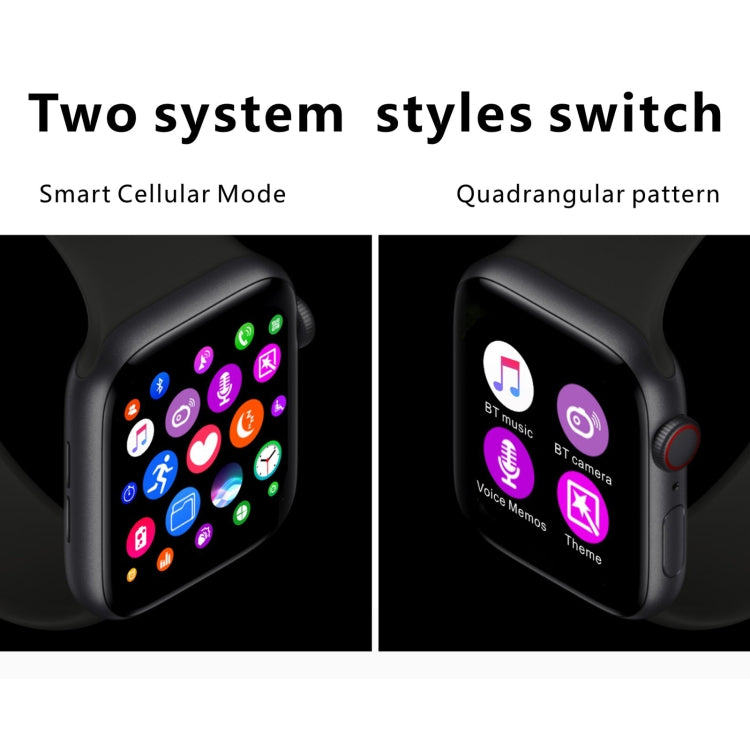 Black smart watch shown in two display styles from different angles