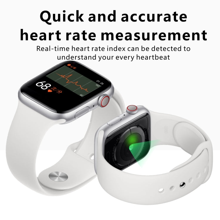 White silicone strap smartwatch with square black display showing heart-rate graphics