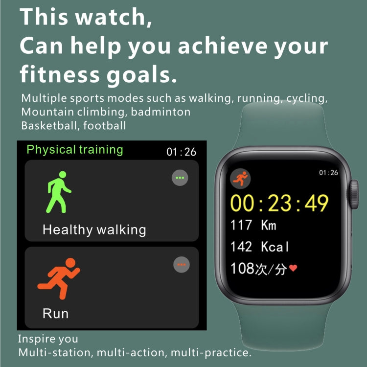 Green silicone strap smartwatch with rounded square black display showing fitness stats