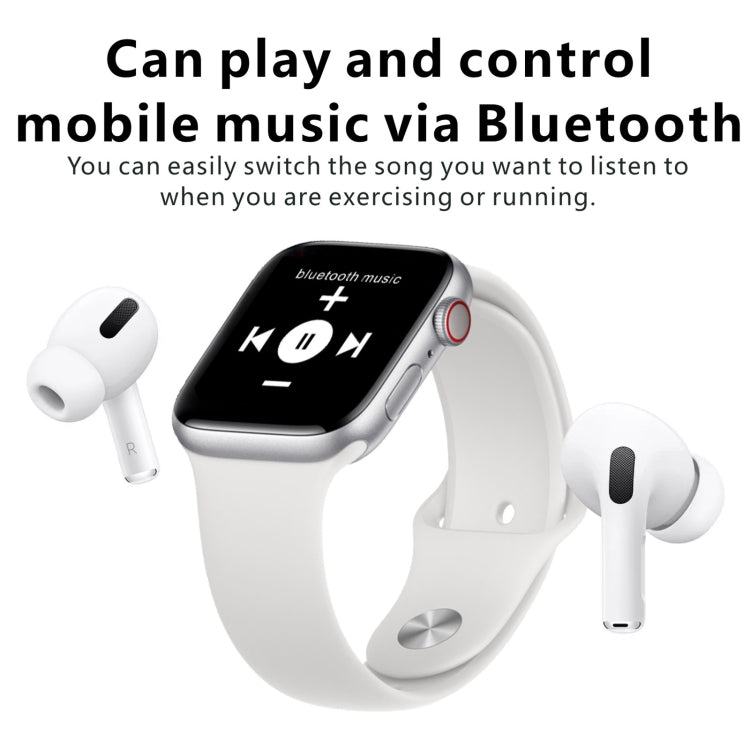 White silicone strap smartwatch with black display, plus wireless earbuds