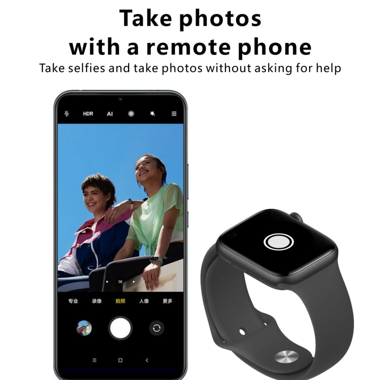 Black smartwatch with dark display beside a smartphone for remote photo control