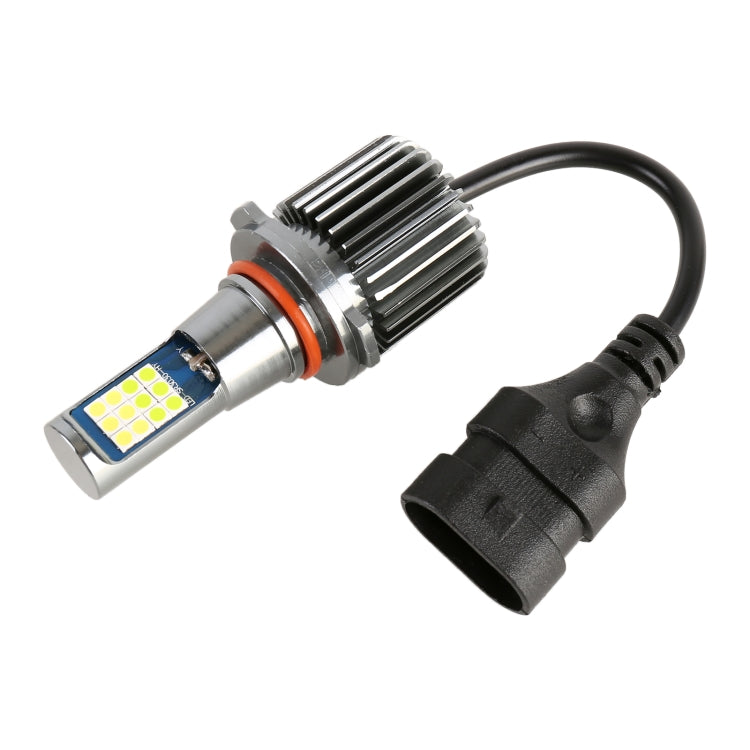 Car LED fog light bulb with finned heat-sink body, LED lens, and black bayonet connector