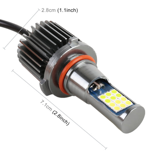 Car LED fog light bulb close-up with heat-sink housing and orange ring, size markings