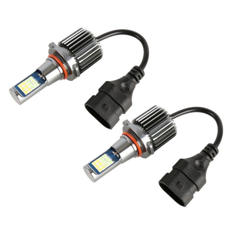 Car fog light LED bulb set with two black wiring harnesses and heat sinks